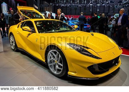 Ferrari 812 Superfast Sports Car At The 89th Geneva International Motor Show. Geneva, Switzerland - 
