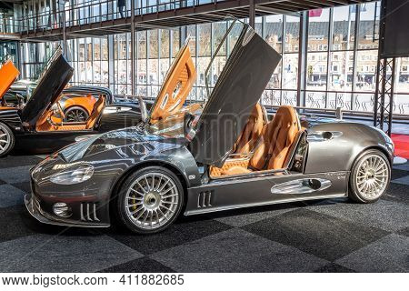 Amsterdam - April 5, 2019: Spyker C8 Spyder Sports Car Showcased At The Motor Show.