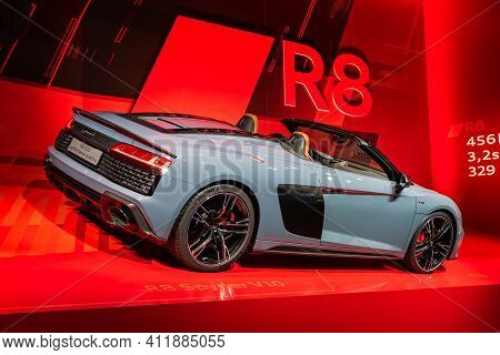 Frankfurt, Germany - Sep 10, 2019: Audi R8 V10 Performance Quattro Sports Car Showcased At The Frank