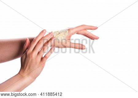 Jar Of Body Cremy Scrub For Body In Female Hand