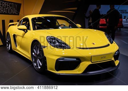 Frankfurt, Germany - Sep 10, 2019: Porsche 718 Cayman Gt4 Sports Car Showcased At The Frankfurt Iaa 
