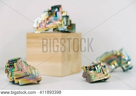 Amazing Colorful Rainbow Bismuth Gemstone On White Background. Copy, Empty Space For Text.