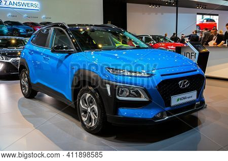 Brussels - Jan 9, 2020: New Hyundai Kona Hybrid Car Model Showcased At The Brussels Autosalon 2020 M