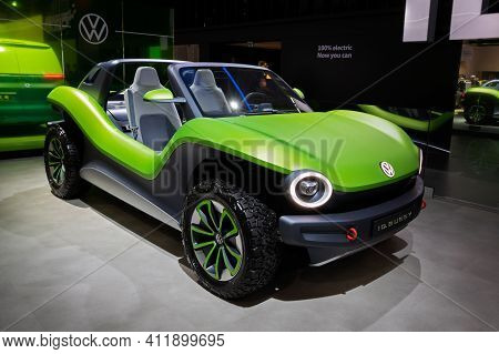 Brussels - Jan 9, 2020: Volkswagen I.d. Buggy Concept Car Model Showcased At The Brussels Autosalon 