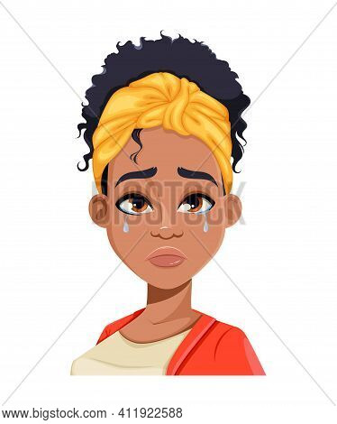 Face Expression Of Young African American Woman, Crying. Different Female Emotions Set. Beautiful Ca