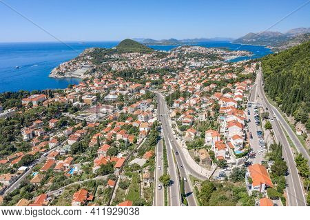 Aerial Drone Shot Of High Way From Old Town Dubrovnik To Lapad Peninsula In Croatia Summer Noon