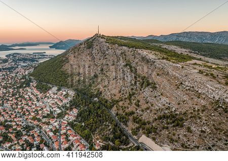 Aerial Drone Shot Of Mountain Srd With View Of Dubrovnik In Croatia Summer Morning