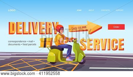 Delivery Service Banner. Shipping Parcels, Documents And Orders From Restaurant Or Store. Vector Lan
