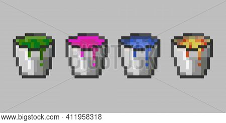 Set Of Vector Pixel Objects. Bucket Container For Carrying Liquids And Fish. Essential When Building