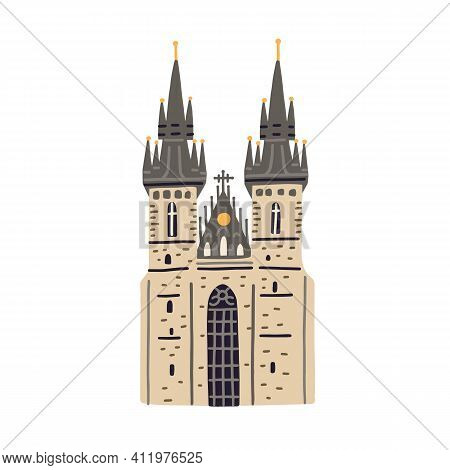 Tyn Church In Prague. Old Czech Building With Black Towers And Gothic Spires. Colored Flat Vector Il