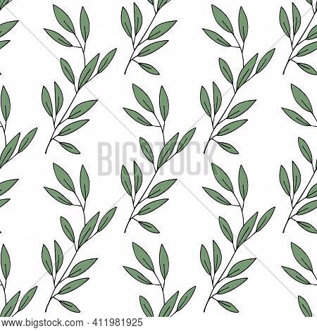 Botanical Seamless Pattern. Hand Drawn Branches With Green Leaves. Vector Background.