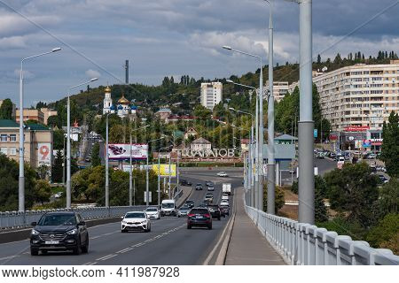 Saratov, Russia, September 12, 2020 - View Of Saratov From The Bridge, Entrance To Saratov Over The 