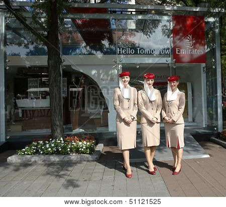 Emirates Airlines flight attendants at he Emirates Airlines booth at the Billie Jean King National T