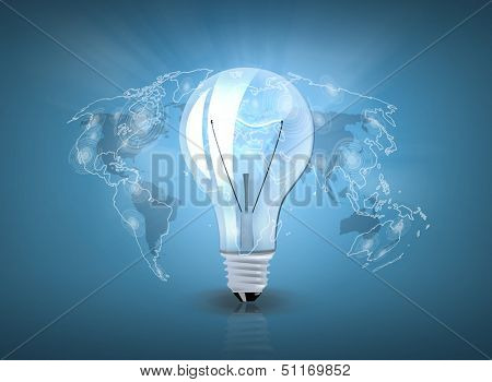 business and technology concept - light bulb with world map