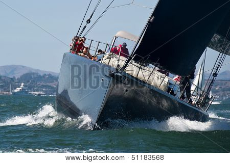 SAN FRANCISCO, CA - SEPTEMBER 13: Super yacht Chrisco competes in a regatta during the America's Cup in San Francisco, CA on September 13, 2013