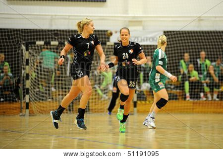 SIOFOK, HUNGARY - SEPTEMBER 14: Siofok players celebrate at a Hungarian National Championship handball match Siofok KC (black) vs. Gyori Audi ETO KC (green), September 14, 2013 in Siofok, Hungary.