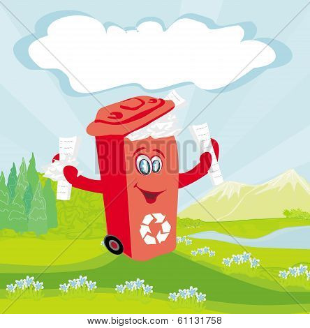 Recycling Red Bin With Papers - Character Illustration