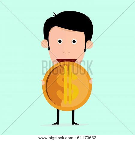 Vector Illustration Of Cartoon With Dollar Coin In Flat Design