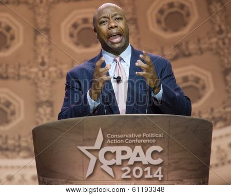 NATIONAL HARBOR, MD - MARCH 6, 2014: Senator Tim Scott (R-SC) speaks at the Conservative Political Action Conference (CPAC).