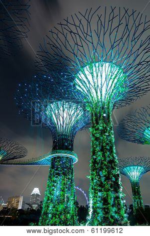 SINGAPORE-FEB 14: Night view of The Supertree Grove at Gardens by the Bay on Feb 14, 2014 in Singapore. Spanning 101 hectares, and five-minute walk from Bayfront MRT Station.
