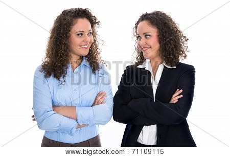 Portrait Of Two Young Isolated Business Woman - Real Twins.