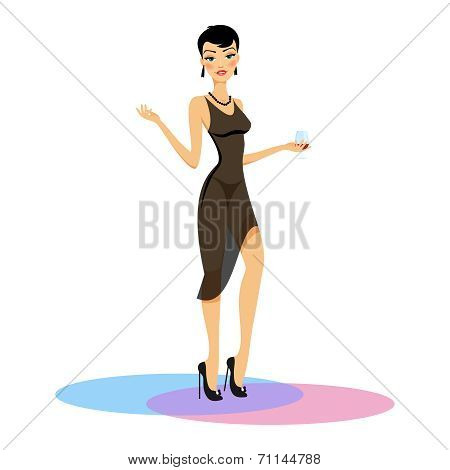 Beauty in evening dress with a glass of wine