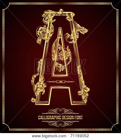 Calligraphic Design Font with Typographic Floral Elements. Premium design elements on dark background. Page Decoration. Retro Vector Gold Letter A