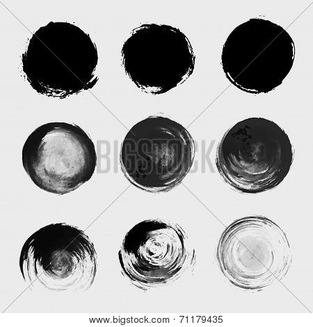 Grunge Paint Circle Vector Element Set. Brush Smear Stain Texture