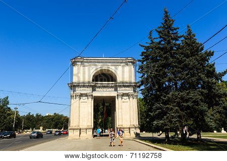 Victory Arch In National Assembly Square, Chisinau, Moldova. The Triumphal Arch Was Built In 1841 An