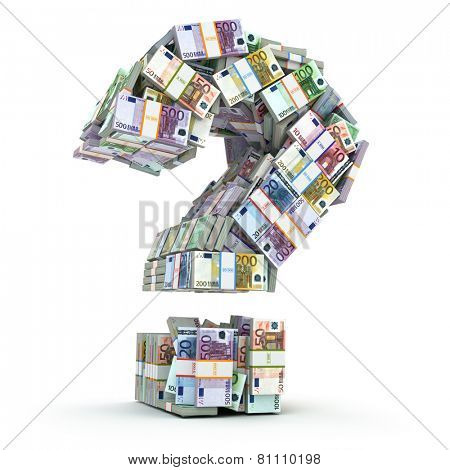 Question sign from packs of euro isolated on white. Where to invest money concept. 3d