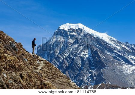 Tourist in mountains.   Nepal, Himalaya