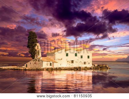 Sunset scene of Vlacherna monastery, Kanoni, Corfu, Greece