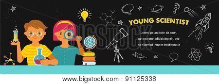 Young scientist. Research, Bio Technology, Chemical laboratory and education illustration