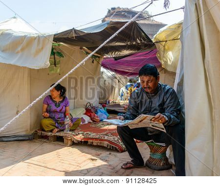 KATHMANDU, NEPAL - MAY 14, 2015: A makeshift campsite is set up at Durbar Square after two major earthquakes hit Nepal in the past weeks.