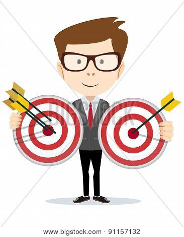 Man holding a target with arrow
