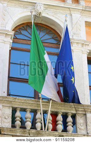 Italian And European Flag - Balcony In Venice