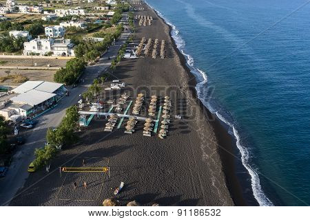Top View Of Perissa Beach In Santorini