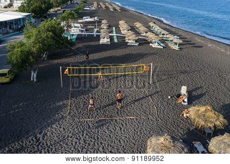 Top View Of Perissa Beach In Santorini
