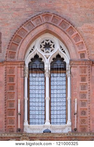 BOLOGNA, ITALY - JUNE 04: Window, Palazzo Comunale Palace Building - City Hall in Bologna, Italy, on June 04, 2015