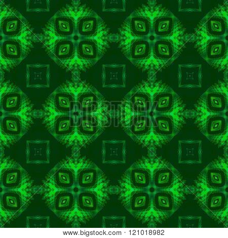 Vibrant green kaleidoscopic decorative oriental fractal seamless pattern