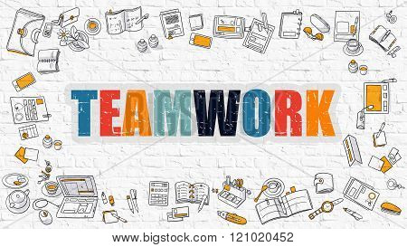 Teamwork Concept. Multicolor on White Brickwall.