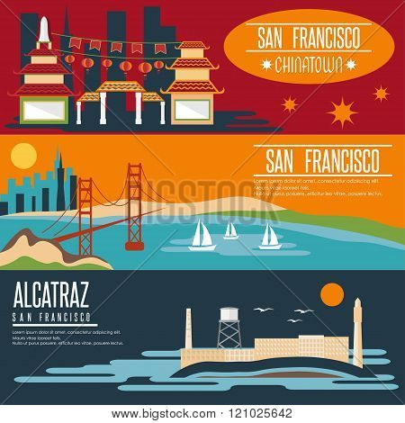 San Francisco Landmarks Horizontal Flat Design Vector Banners