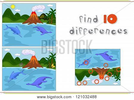 Funny Cute Ichthyosaurus And Pliosaurus On The Background Of A Prehistoric Nature. Game For Kids: Fi