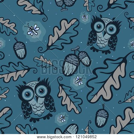 Owls and fireflies pattern seamless tileable eps
