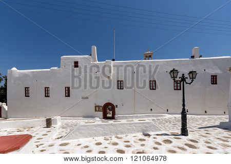 Frontal view of Panagia Tourliani monastery inTown of Ano Mera, island of Mykonos, Greece