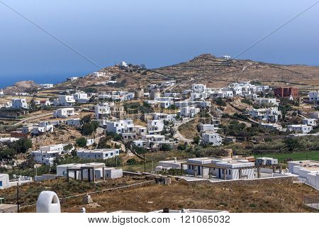 Panoramic view of Town of Ano Mera, island of Mykonos, Greece