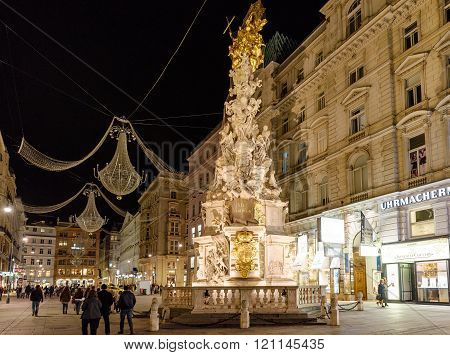 VIENNA, AUSTRIA - NOVEMBER 2015: Famous Statue Pestsaule at night on 20th of November 2015 in Vienna