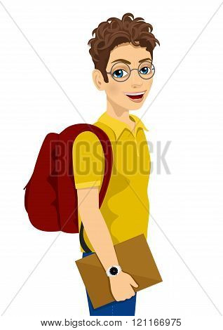 teenage student with glasses and backpack holding textbook