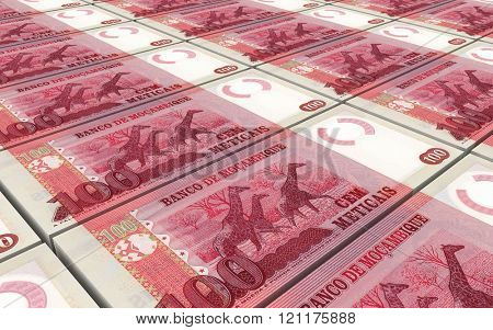Mozambican escudos bills stacked background. Computer generated 3D photo rendering.