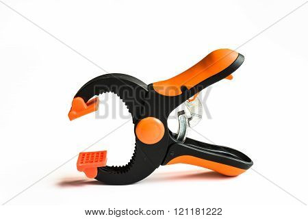 Durable Plastic With A Metal Clamp Ratchet Closeup On A White Background.